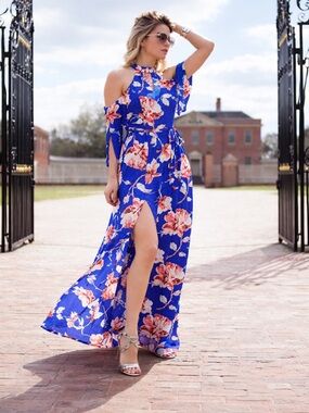 Blue Floral Maxi Dress | Cold Shoulder | Size Small | NEW